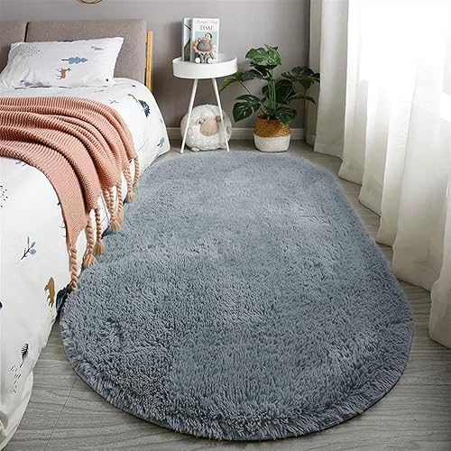 Reyox Alfombra ovalada suave y esponjosa de felpa para sala de estar y dormitorio, decoración del hogar, color gris plateado, 2.3 x 5.6 pies