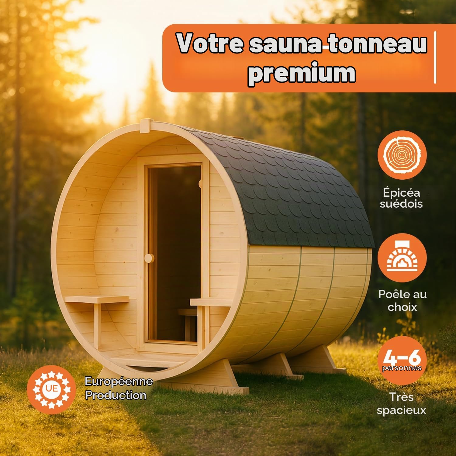 Fasssauna de jardin pour extérieur en épicéa nordique – Différentes tailles (2–6 personnes) – Choix entre four en bois ou électrique – Kit d'accessoires inclus (240 cm, Ronde, Four électrique)
