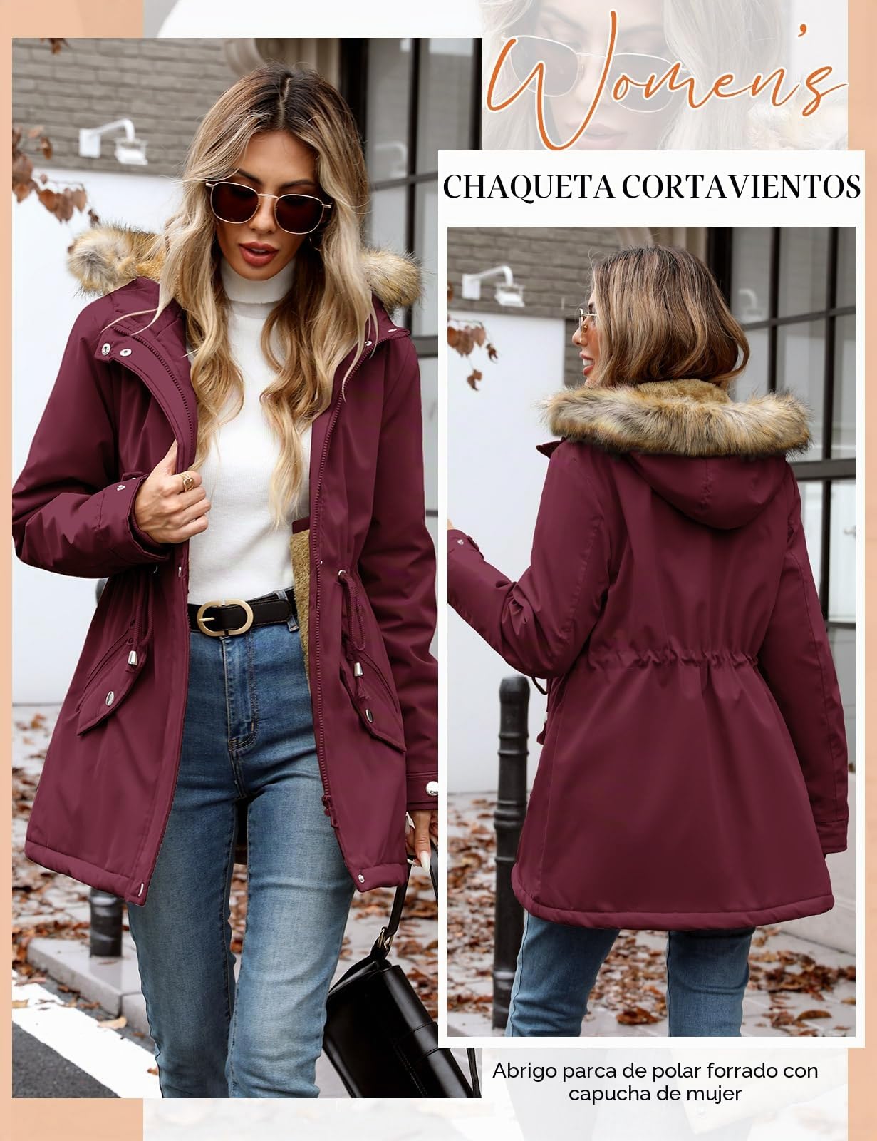 Mujer Invierno Impermeable Chaqueta Parka Abrigo Forro Polar Viento Termica Gruesa Cordón Capucha Desmontable Faux Fur Caliente Cazadora Cálido Prueba Frio Chamarra Jacket