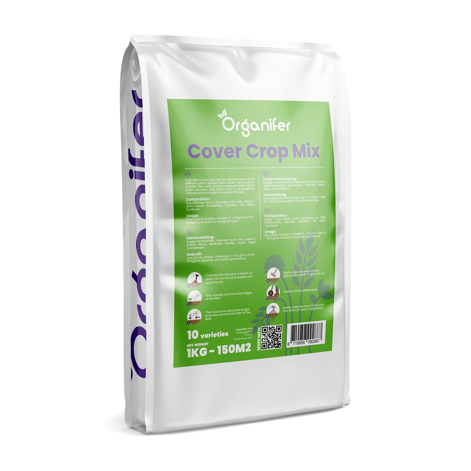 Miscela Di Colture Verdi - 10 Varietà Di Semi (1 Kg - 150 M2) - Integratore Per Terreno - Segale Invernale - Semi Di Facelia - Sovescio - Avena Giapponese - Organifer