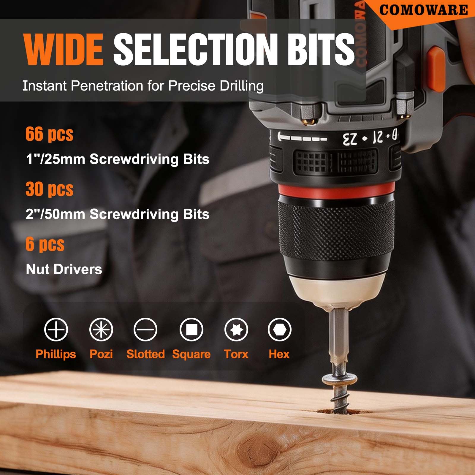 COMOWARE Bohrer-Set, 246-teilig, Schraubendreher-Bits für Akku-Bohrer, Schraubendreher-Bohrer-Set, Kombi-Kit für Holz, Metall, Mauerwerk, Zement, orangefarbener Koffer