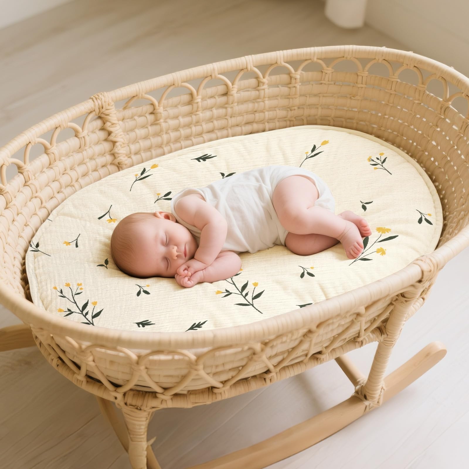 3 Stück Baby-Bettlaken, 83 × 43 cm, Universelle Spannbettlaken für Kinderwagen, 100% Musselin-Baumwolle, Baby Spannbettlaken, Reisebett Spannlaken Beistellbett Leintücher (Gelbe Blume)