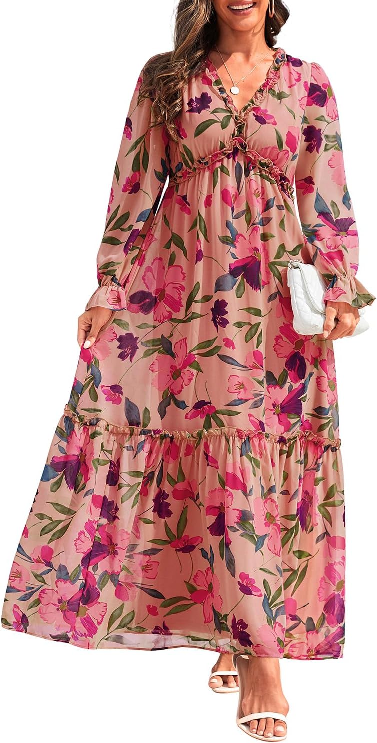 Women Fall Dress Long Sleeve - Chiffon Casual Maxi Long Flowy Boho V Neck Dresses - Image 4