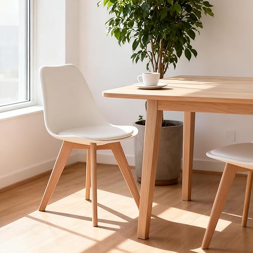 Miniatura 8 de Juego de 4 sillas modernas de comedor y cocina de mediados de siglo con patas de madera y cojín de piel sintética para sala de estar, dormitorio,