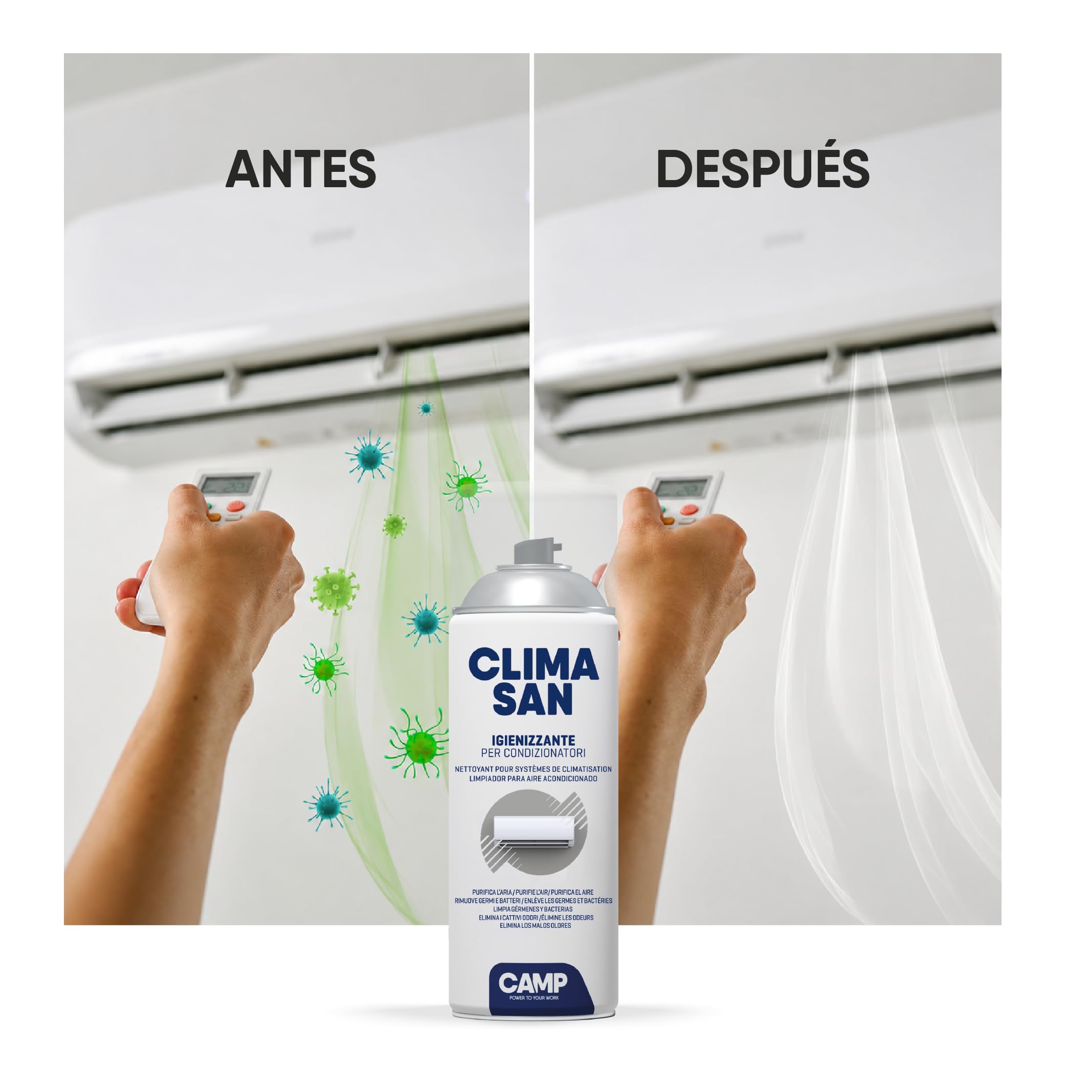 CAMP Climasan Limpiador – Limpiador Aire Acondicionado Casa, Spray para Climatizador Ideal para Remover Gérmenes y Bacterias, Limpieza Aire Acondicionado a Acción Purificadora, Made in Italy, 400 ml