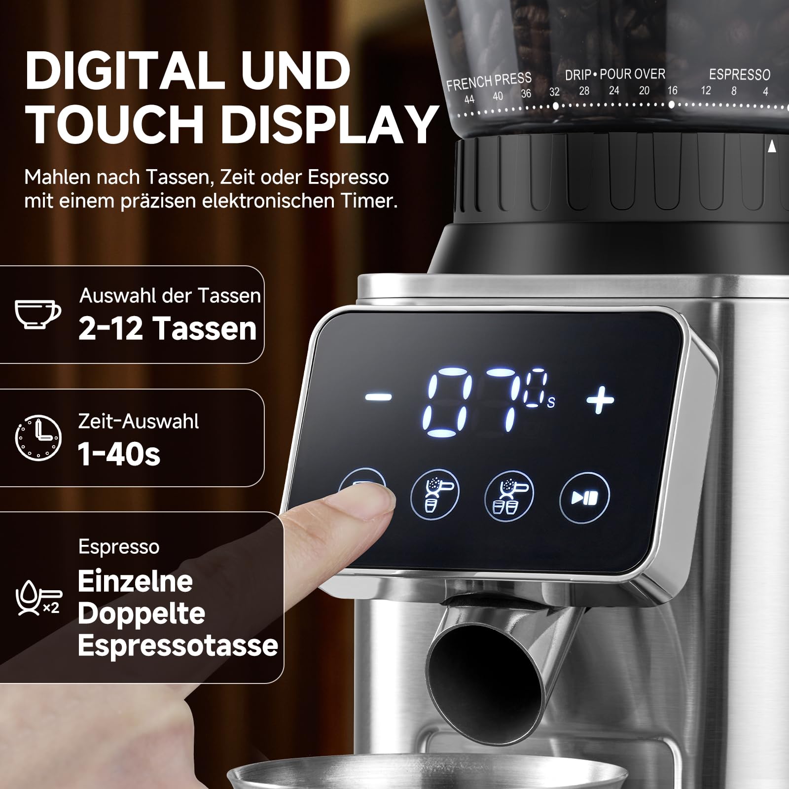 AMZCHEF Kaffeemühle Elektrisch mit 48 Mahlgraden, Antistatik-System, Touchpanel，300g Bohnenbehälter, Edelstahlgehäuse, Kegelmahlwerk für Espresso, Filterkaffee