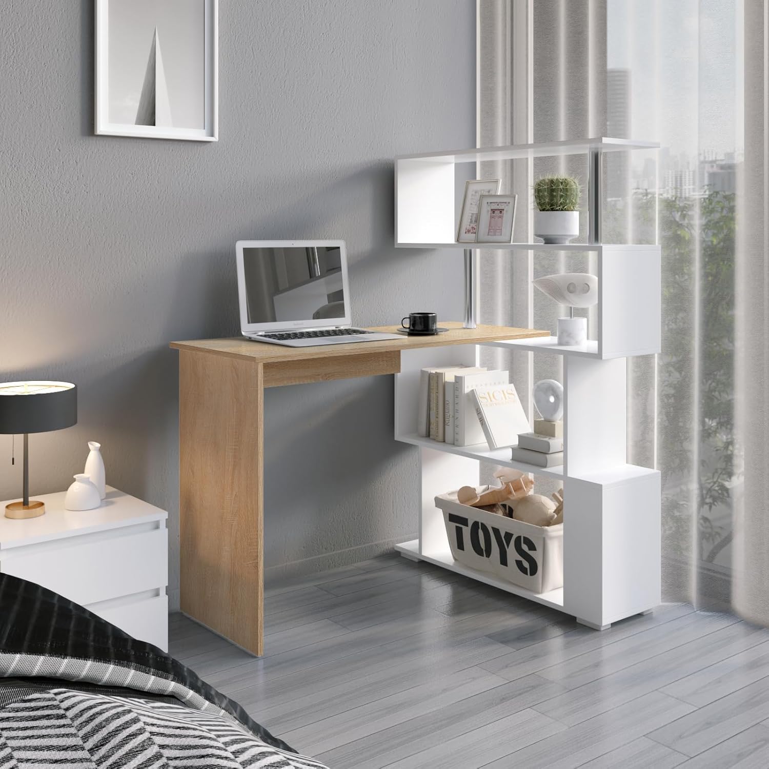 Desk with 4-tier storage shelves filled with books and decorative items