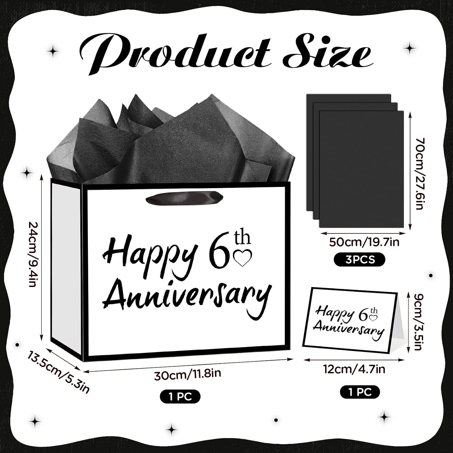 TagreSpike 6th Anniversary Paper Gift Bag with Tissue Paper and Card - Large Happy 6th Anniversary Wrapping Bag - Black and White Anniversary Party Supplies for Husband Wife Couple image 2