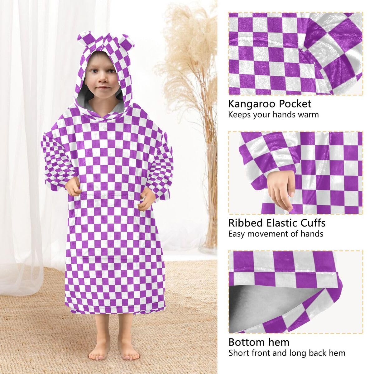 Fioletowa szachownica dziecięca koc do noszenia bluza z kapturem oversize bluza koc sweter vintage kratka dla chłopców i dziewcząt w wieku 3-14 lat