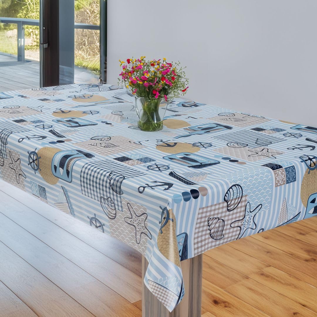 laro Wachstuchtischdecke Nautik Muster Blau Eckig PVC - Abwischbare Tischdecke als Meterware, Wasserabweisende Tischdecke für Küche, Balkon & Garten