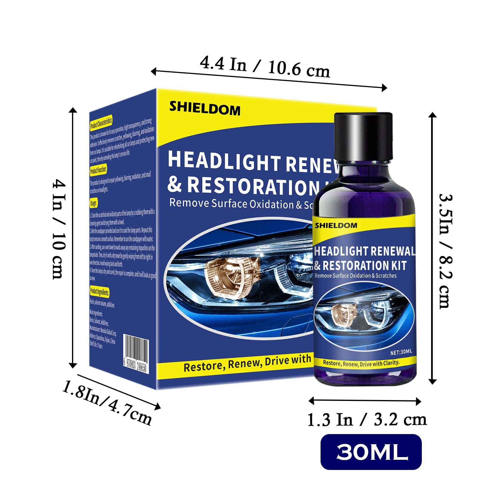 SHIELDOM Kit de restauración de Faros de Coche para Limpiador de Faros Delanteros, Juego de renovación de 3 Papeles de Lija | 1 Esponja | 1 Toalla | Elimina arañazos, amarilleamiento y oxidación - 30