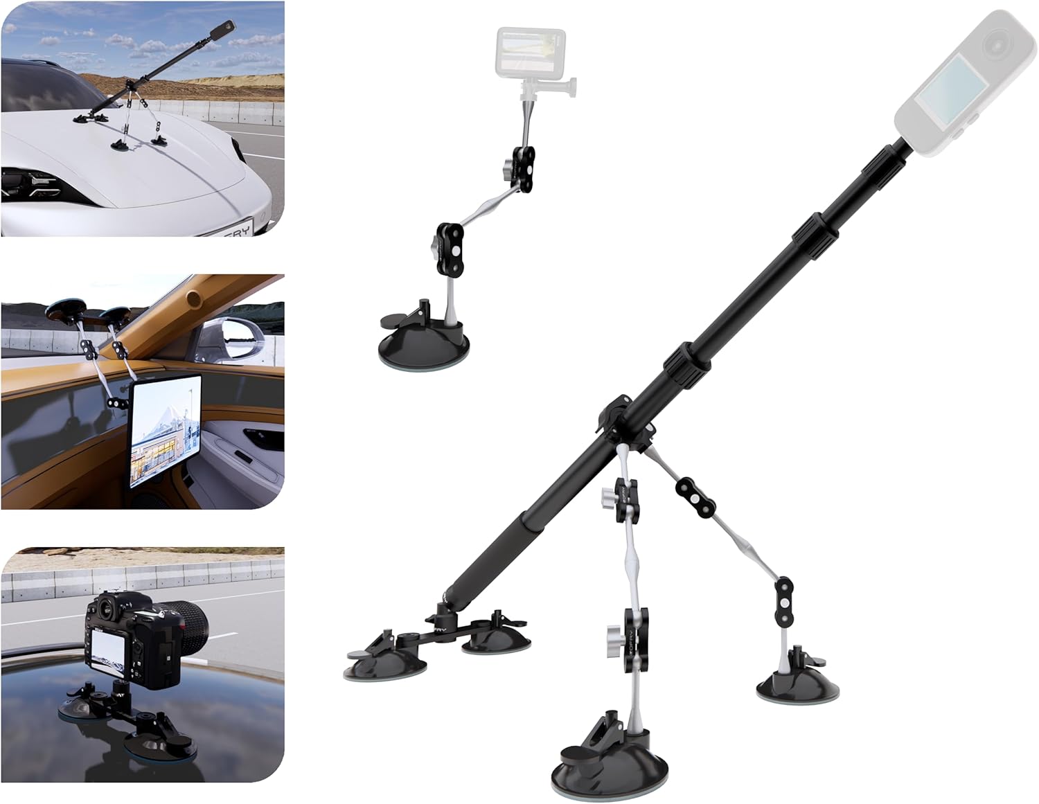 Suction Cup 360 Car Mount Kit, Adjustable 360 Camera Mount with 43-inch Extendable Selfie Stick, Aviation Grade Aluminum Alloy Car Camera Mount for Insta360、Gopro、DJI