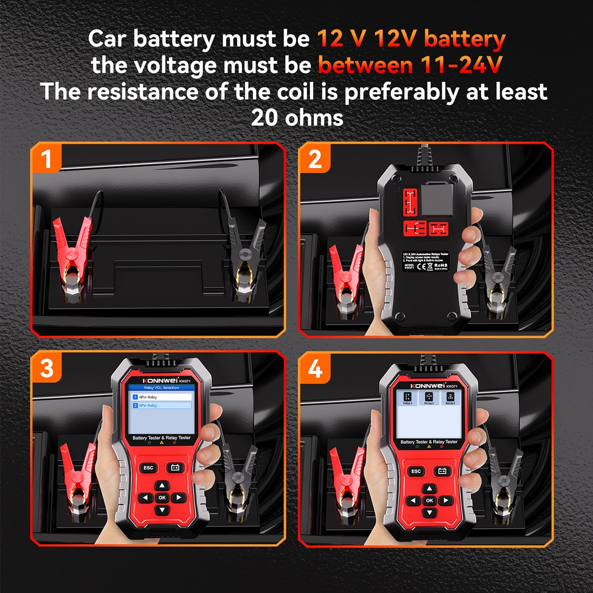 KONNWEI KW371 Autobatterie Tester 6V 12V 24V, Batterieprüfer 100-3000 CCA für AGM EFB GEL Lithium Batterien, KFZ Batterietester mit Anlasser- & Ladesystemtest, Cloud-Bericht für PKW LKW Motorrad