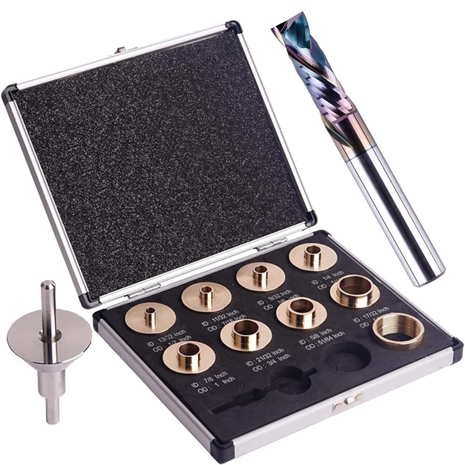 SpeTool CNC Compression Router Bit 1/2 Inch Shank with Extra Long Life Coating and SpeTool Brass Router Template Bushing Guide Set with Centering Pin&Cone