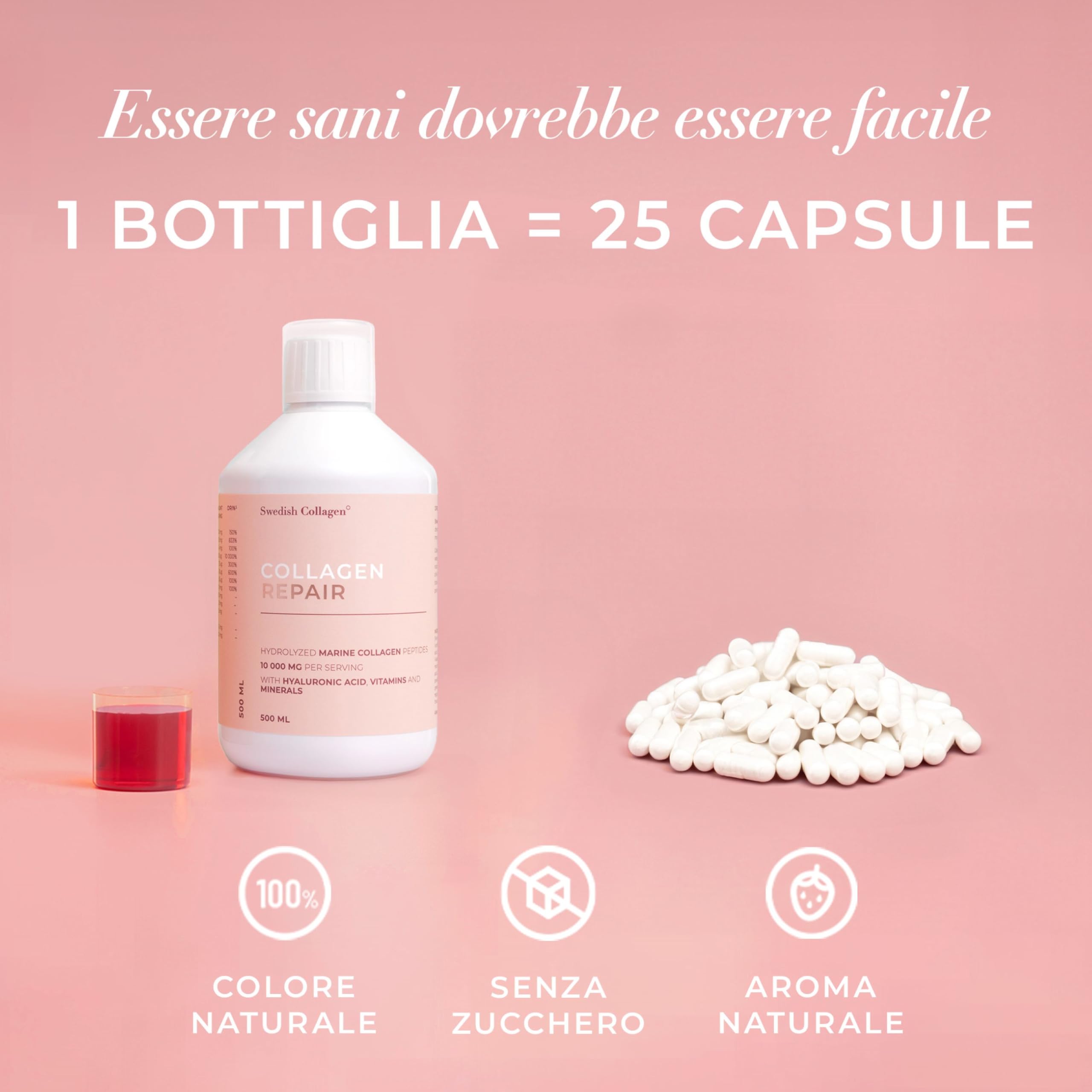 Swedish Collagen Reapir Integratore liquido collagene marino 10.000 mg - 500 ml, 20 giorni | Peptidi puri e vitamine per capelli, pelle, unghie, articolazioni | Senza zucchero | Clinicamente testato