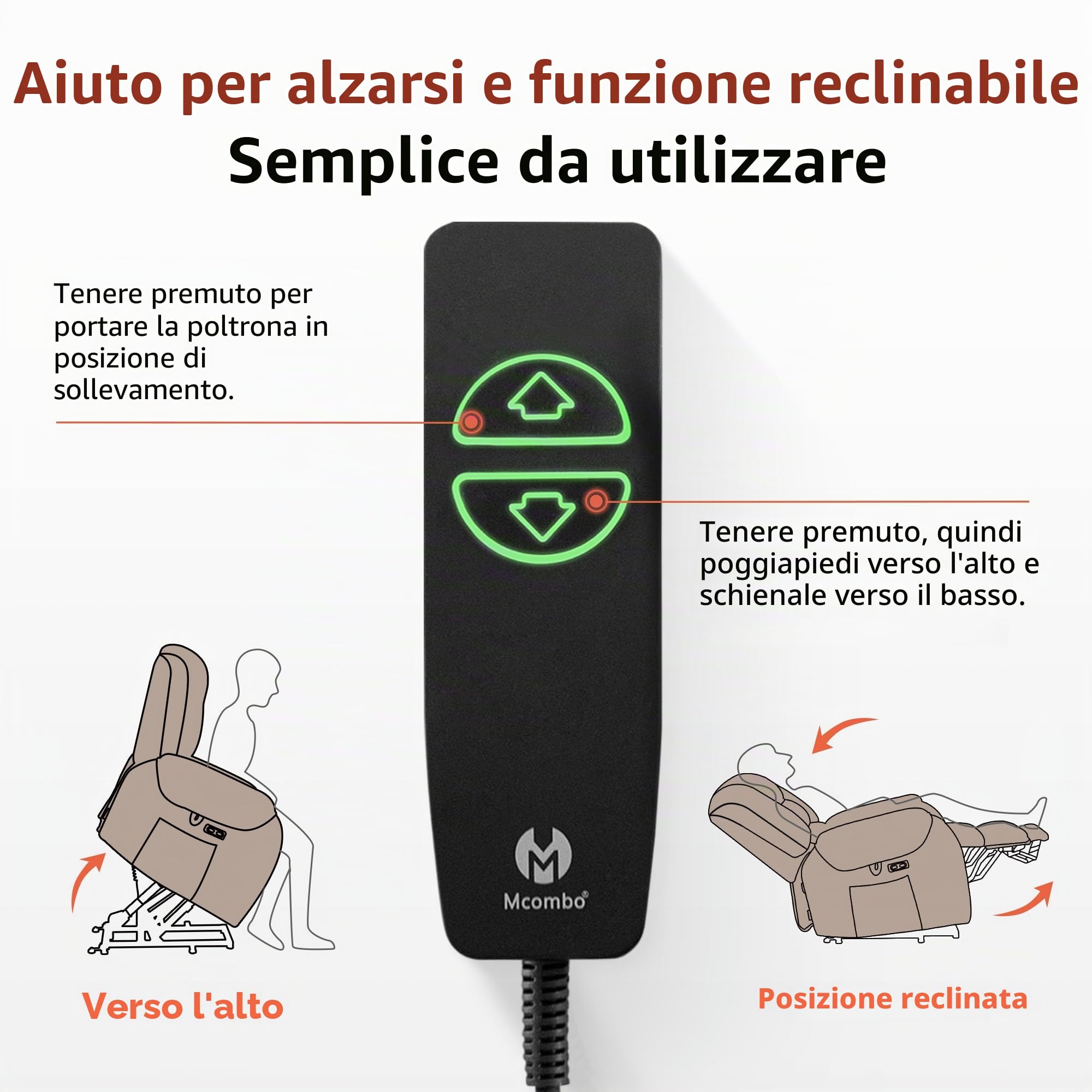 MCombo M Poltrona TV con funzione alzapersona elettrica, con massaggio e riscaldamento, poltrona relax con funzione reclinabile fino a 145°, portabevande nascosti 7252 (Tessuto, Grigio scuro)