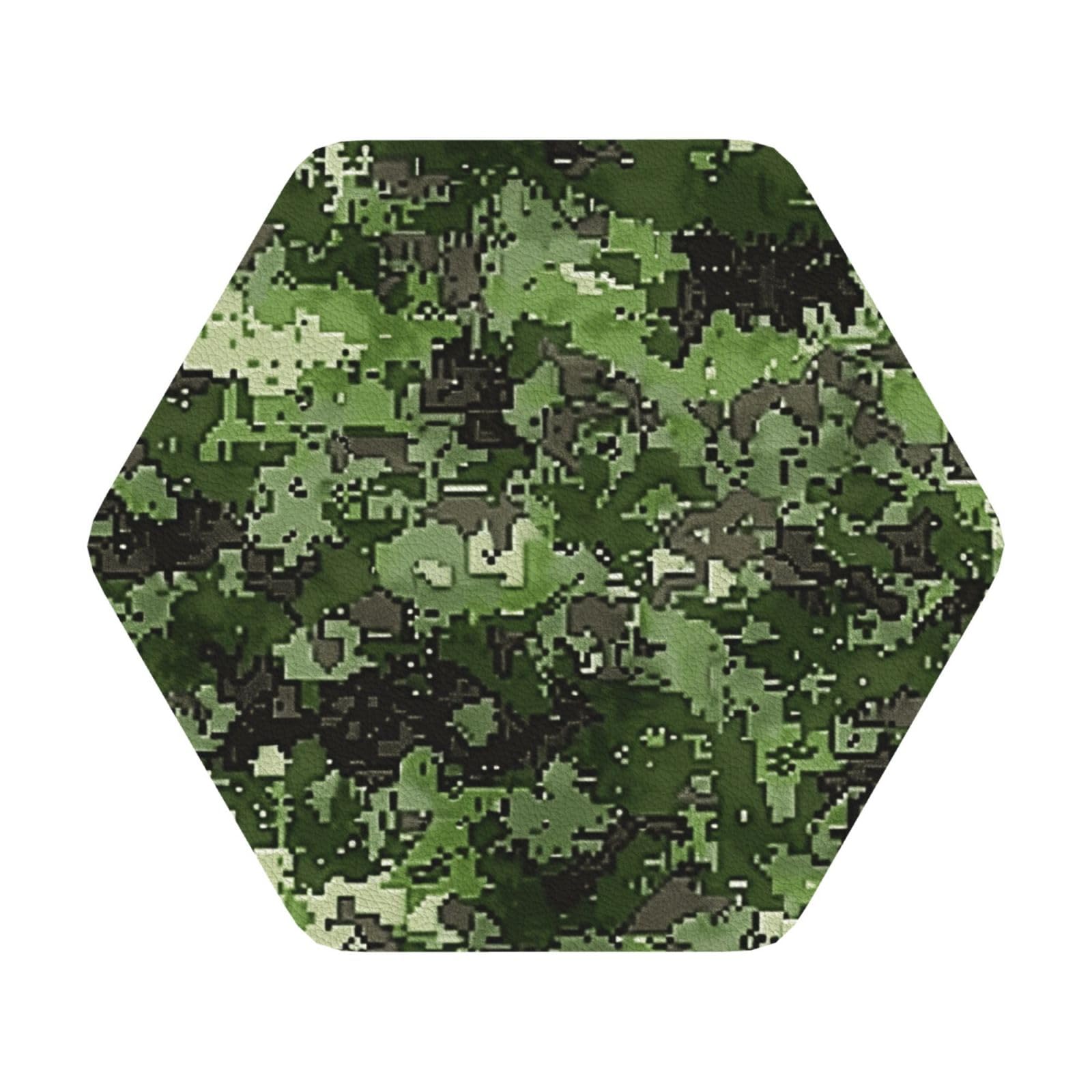 Green Army Digital Camouflage print Print Leather Coaster Set of 6, Hexagon Coasters Table Decorative Coffee Cup Beverage Coasters Wine Beer Bar Coasters for Hot Drinks Table Protection