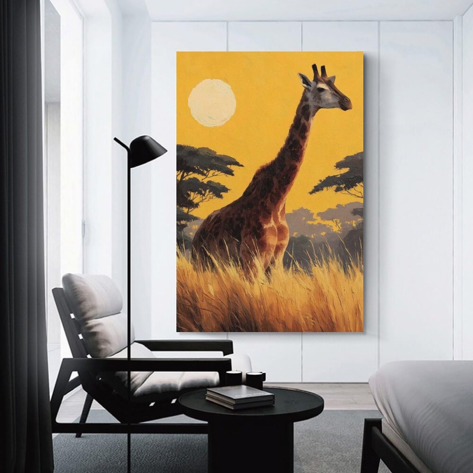 Junmoney Hanging Wall Art Giraffe in Savannah Painting, 24x36inch(60x90cm), for Small Homes, Bedrooms Or Open Spaces, Wall Decor with Flexible Room Appeal