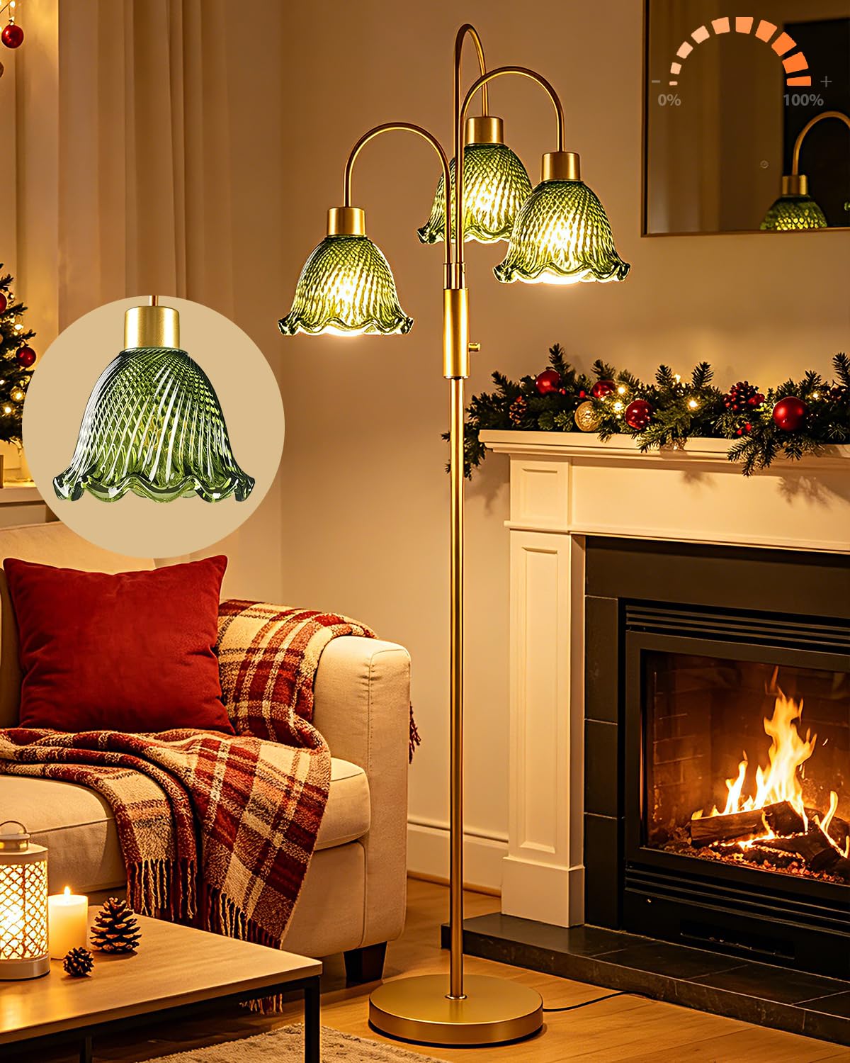 Glass Floor Lamp 3-Light 70" Green Flower Gold Dimmable Tall Standing Lamps