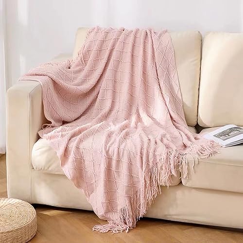Miniatura 1 de 1 manta de punto de 50 x 60 pulgadas, diseño de rombos rosados, suave, cálida y bohemia con borlas para mujeres, hombres. Adecuado para viajes,
