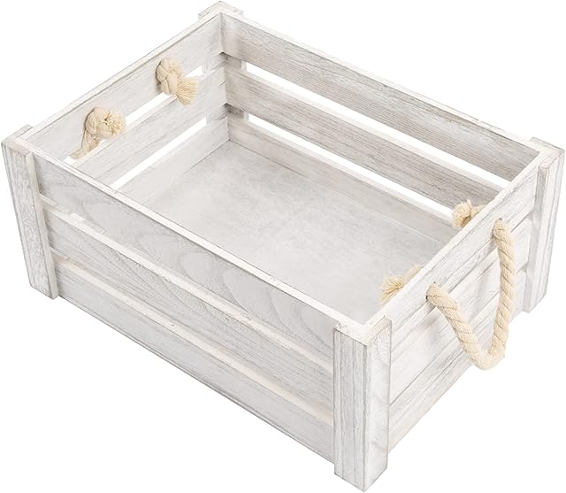 Strong Rope Handle Wooden Crates Storage Box Wooden Shelves Large Storage Box Christmas Eve Box (Large, White Wash)