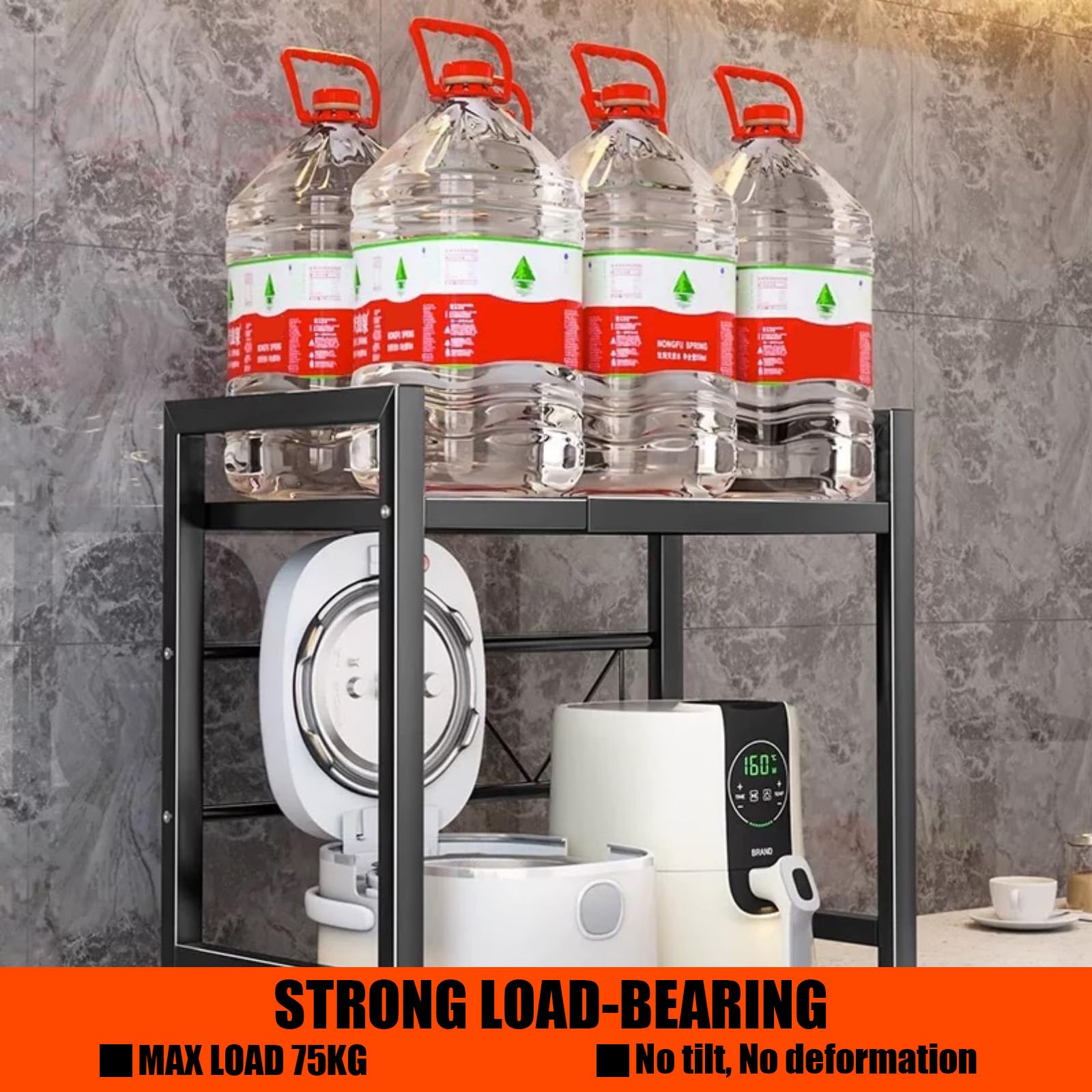 Mensola Microonde, Scaffale Cucina Estensibile 2 Livelli con 6 Ganci, Regolabile Microonde Scaffale, Cucina Salvaspazio Organizzatore Ripiani, Mobiletto Cucina Retrattile 40-64cm