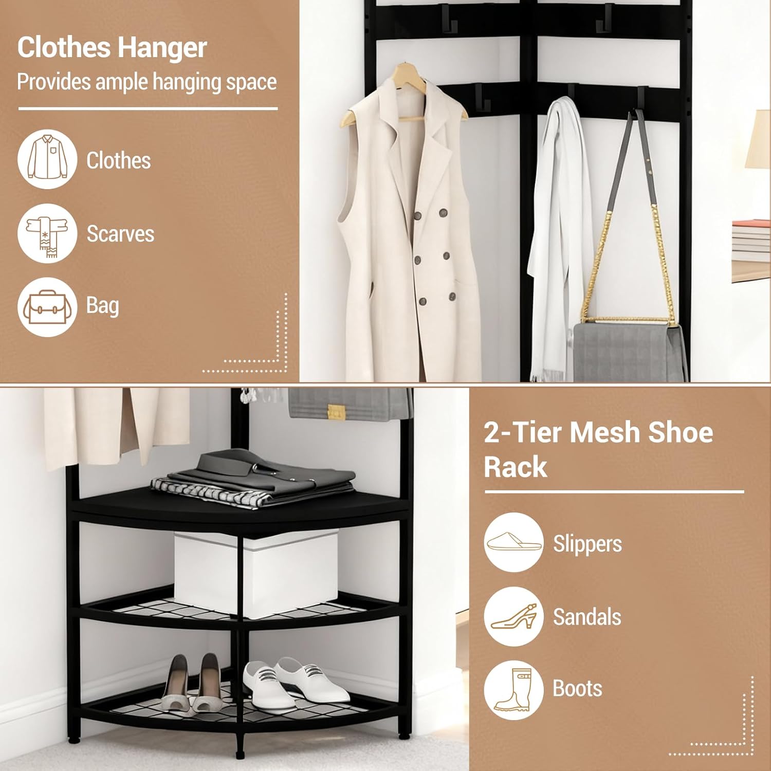 Garvee Corner Coat Rack with Storage, Simple Hall Tree with Mesh Shelves, Anti-Toppling Devices, Freestanding Metal Clothes Rack Shoes Shelf Organizer for Entryway Bedroom Black