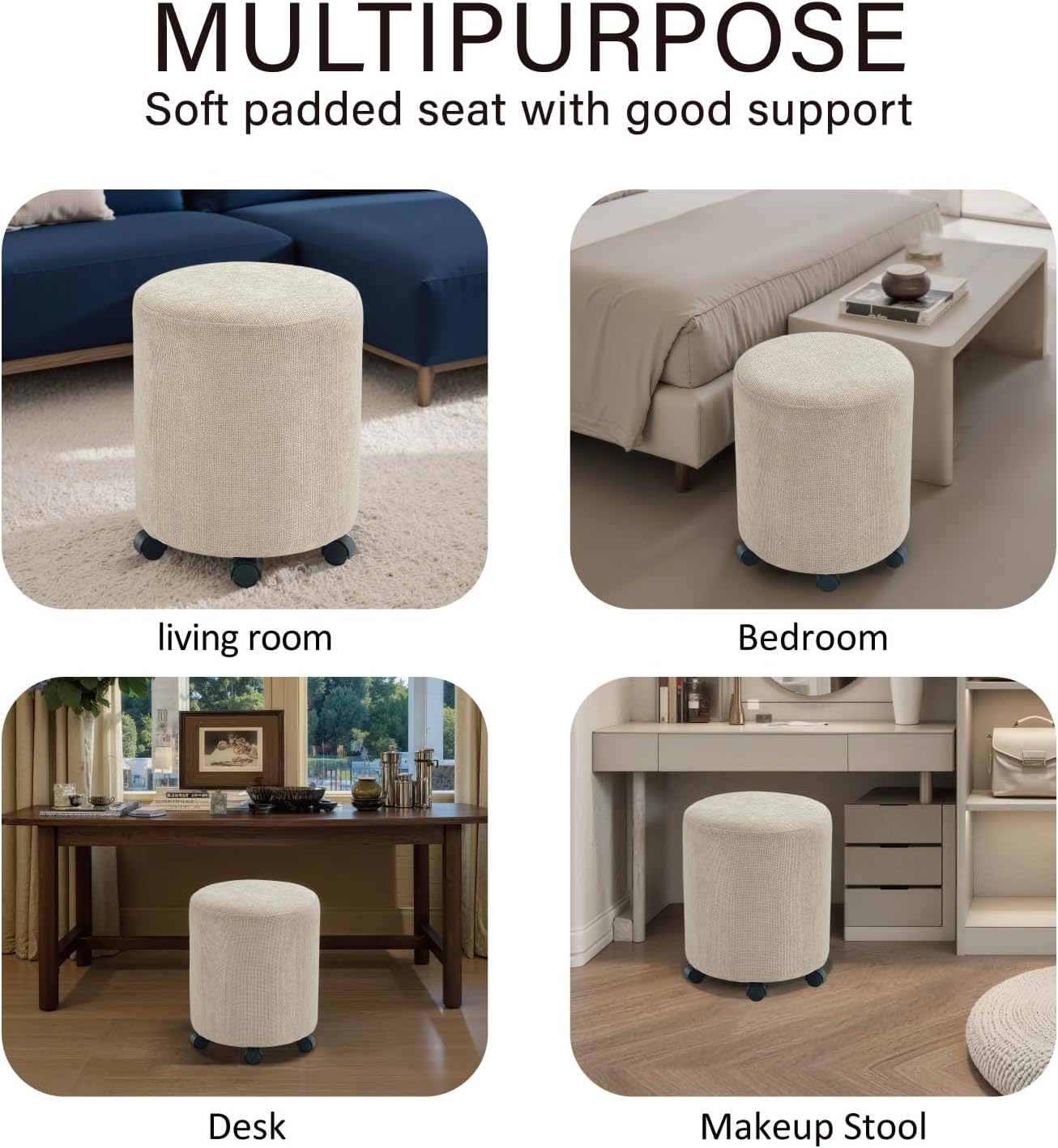 Get Set Style Ottoman with Wheels, Rolling Vanity Stool for Makeup, Upholstered Vanity Rolling Chair Footrest Round Ottoman Foot Stool for Living Room, Bedroom Creamy