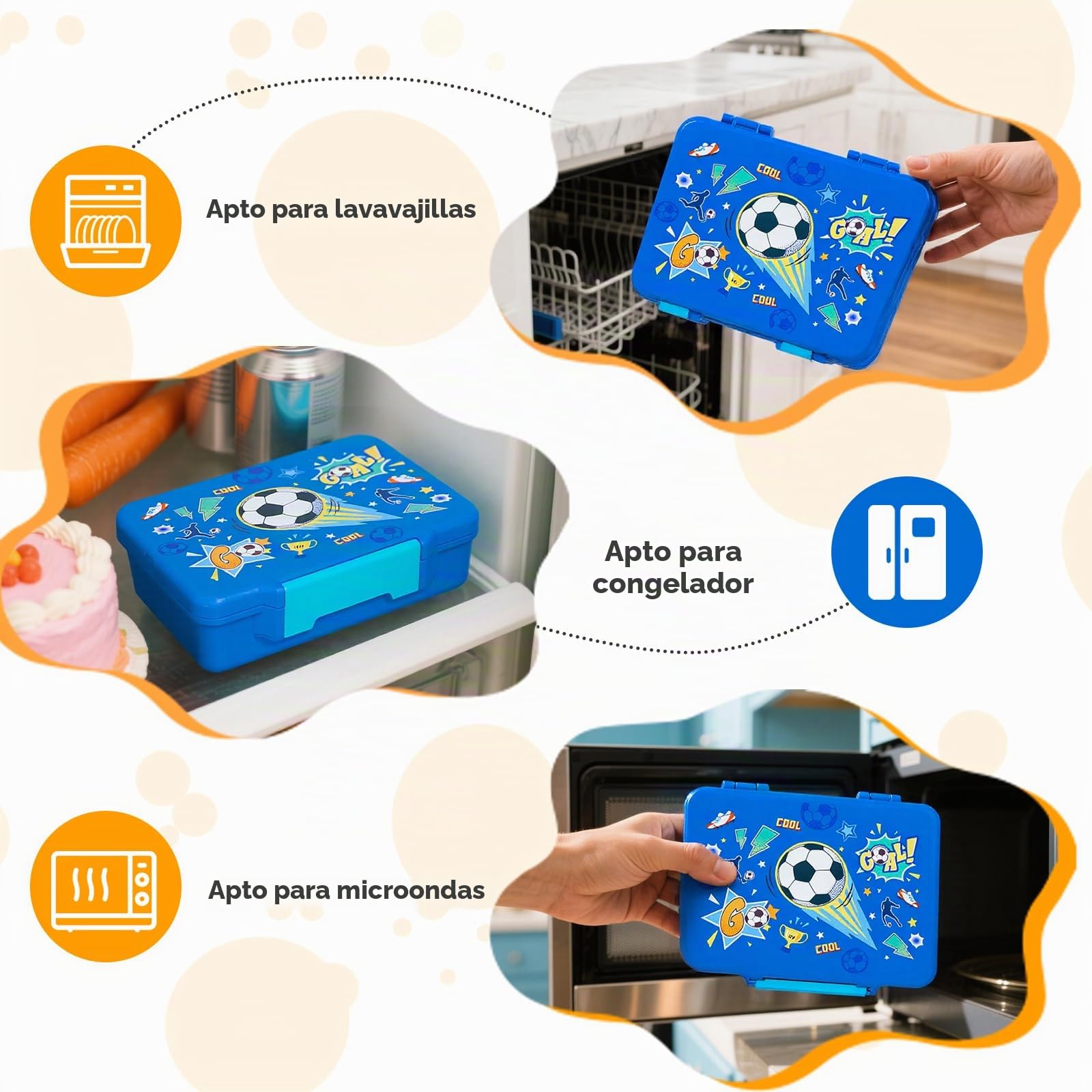 PinkSheep Fiambrera para niños de 1330 ml, contenedores de comida para niños sin BPA, a prueba de fugas con 5 compartimentos, volver a los escolares Daycare Fiambreras/Snack Contenedor (fútbol)