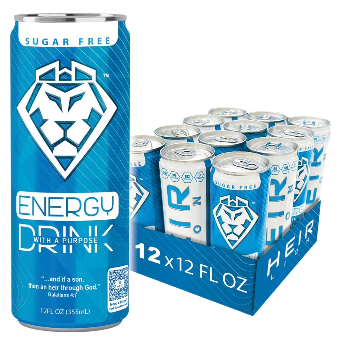 HEIR LION | The First Christian Energy Drink Sugar-Free Energy Drink – 12 Pack, 12oz Cans – Zero Sugar, Low-Carb & Clean Energy – Caffeine for Focus, Endurance & Workout – Prime Energy Alternative