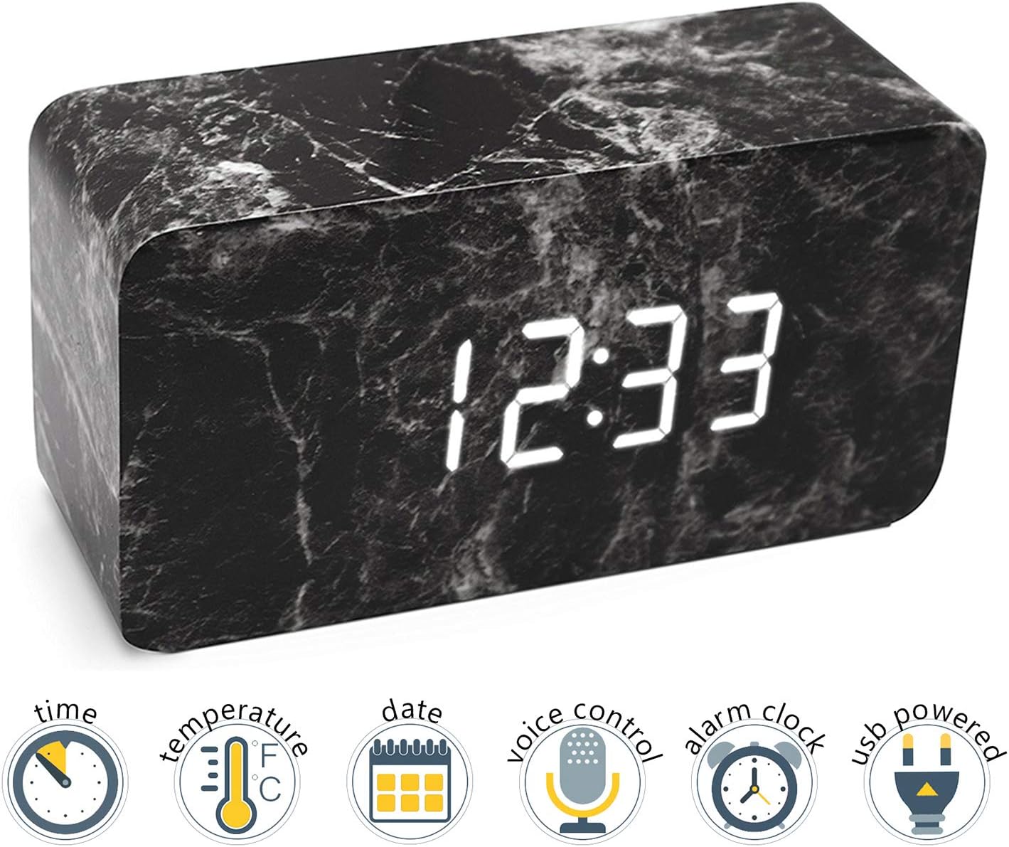 Xianan LED Alarm Clock with Dual Power Multi-Function 3 Intelligent Alarms Voice Control Screen and 3 Modes (Marble Black)