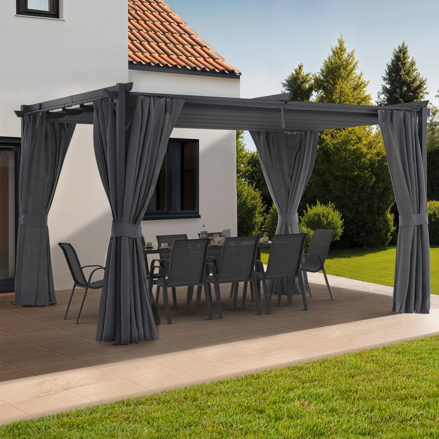 IDMarket - Pergola édition intégrale moustiquaire Toit rétractable 3x4M et 4 Rideaux Gris