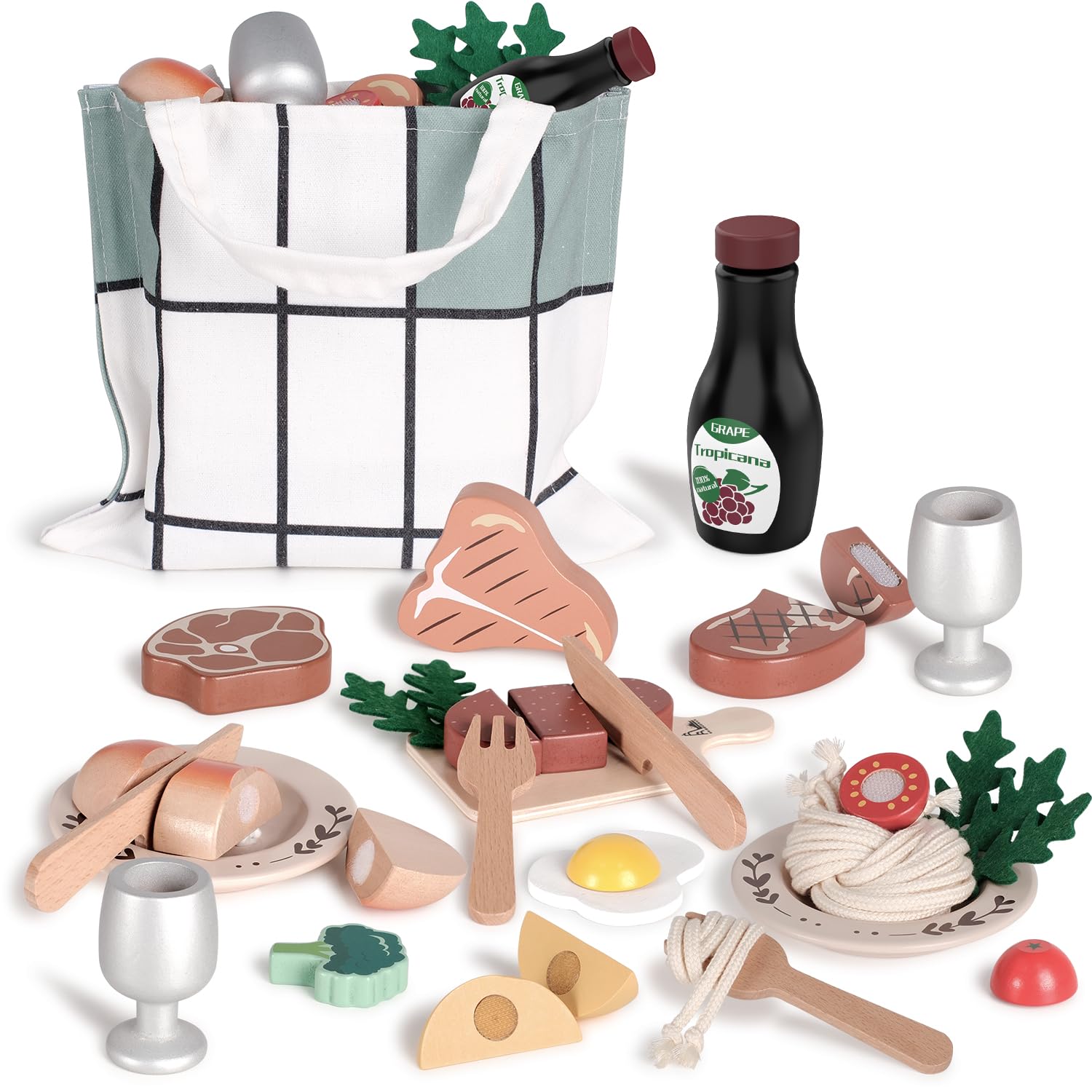 RRIBOUDWAN Wooden Play Food for Kids, Steak Toy, Kitchen Accessories Set, Restaurant Pretend Play for 3+ Boys&Girls