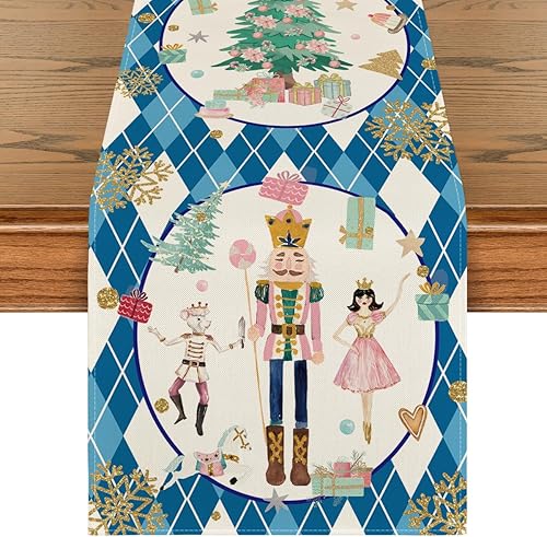 Artoid Mode Camino de mesa de Navidad con diseño de cascanueces y copos de nieve con diamantes azules, decoración de mesa de comedor de invierno