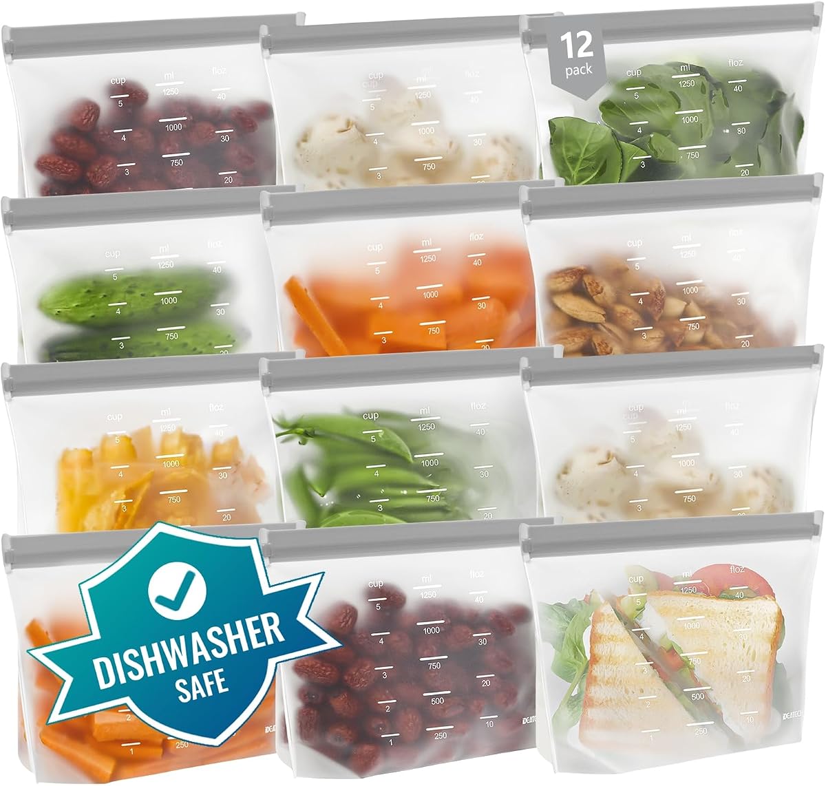 Bolsas de almacenamiento reutilizables aptas para lavavajillas Stand Up - Bolsas para sándwich reutilizables sin BPA - Bolsas para congelador a prueba de fugas, bolsas para almacenamiento de alimentos - Gris 12 bolsas para sándwich