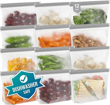 Dishwasher Safe Reusable Storage Bags Stand Up - BPA Free Reusable Sandwich Bags - Leakproof Gallon Freezer Bags, Food Storage Bags - Gray 12 Sandwich Bags
