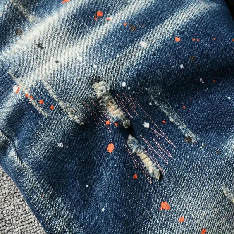 Mens Street Jeans Retro Blue Stretch Slim Fit Painted Ripped Jeans Men ​​Trousers Vintage Denim Pants4