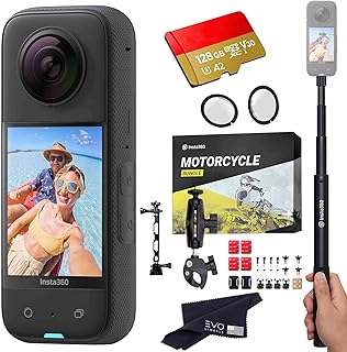 insta360 X3 - Waterproof 360 Action Camera with 1/2" 48MP Sensors, 5.7K 360 HDR Video, 72MP 360 Photo, 4K Single-Lens, 2.29" Touchscreen|Includes Motorcycle Bundle, Selfie Stick, Lens Guard&128GB