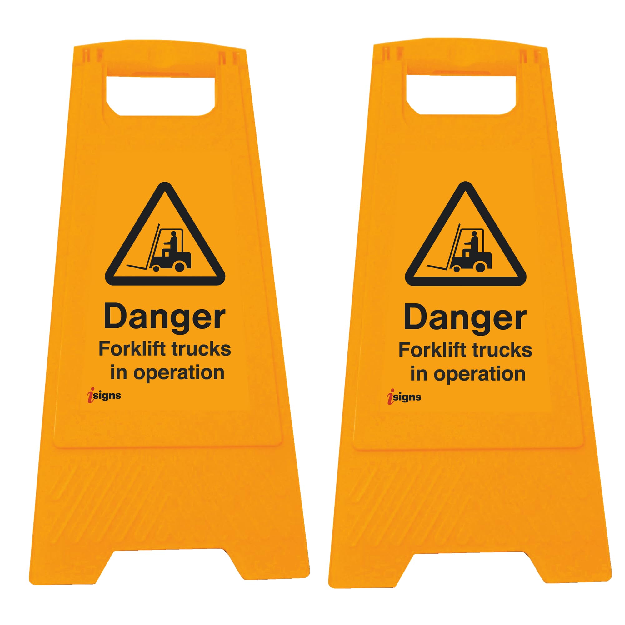 iSigns Floor Signs (Danger Forklift Trucks in Operation) Free-Standing Danger Sign for Factories, Warehouses and More, A-Frame Site Safety Sign, 300x575mm Caution Sign (Pack of 2)