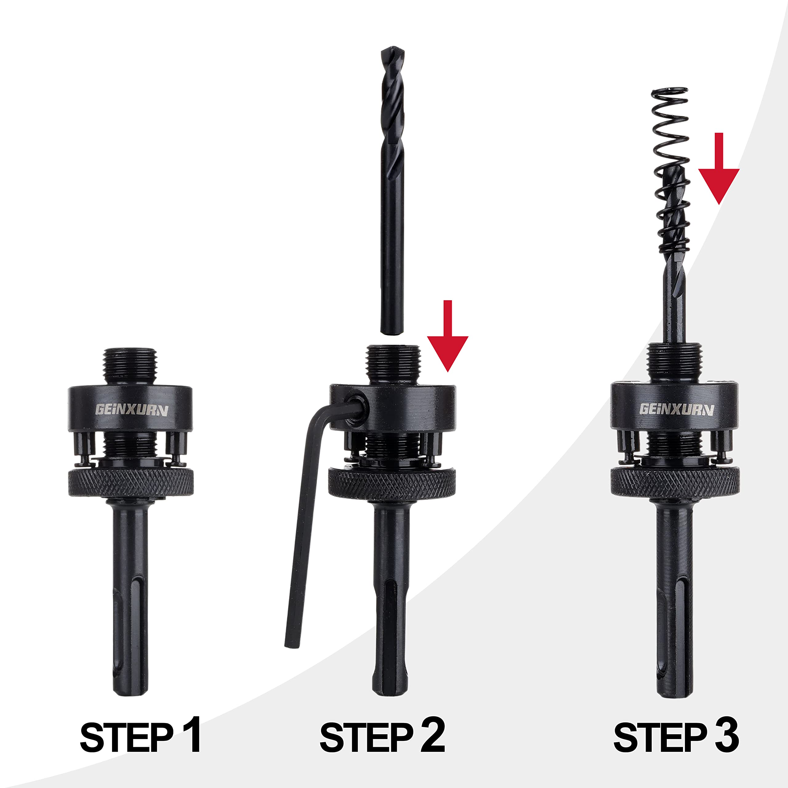 GEINXURN SDS-Plus Mandril de sierra perforadora, incluye 2 cenadores de sierra perforadora con 3 brocas centrales HSS (M2) de 1/4 pulgadas, 2 llaves hexagonales, 2 resortes