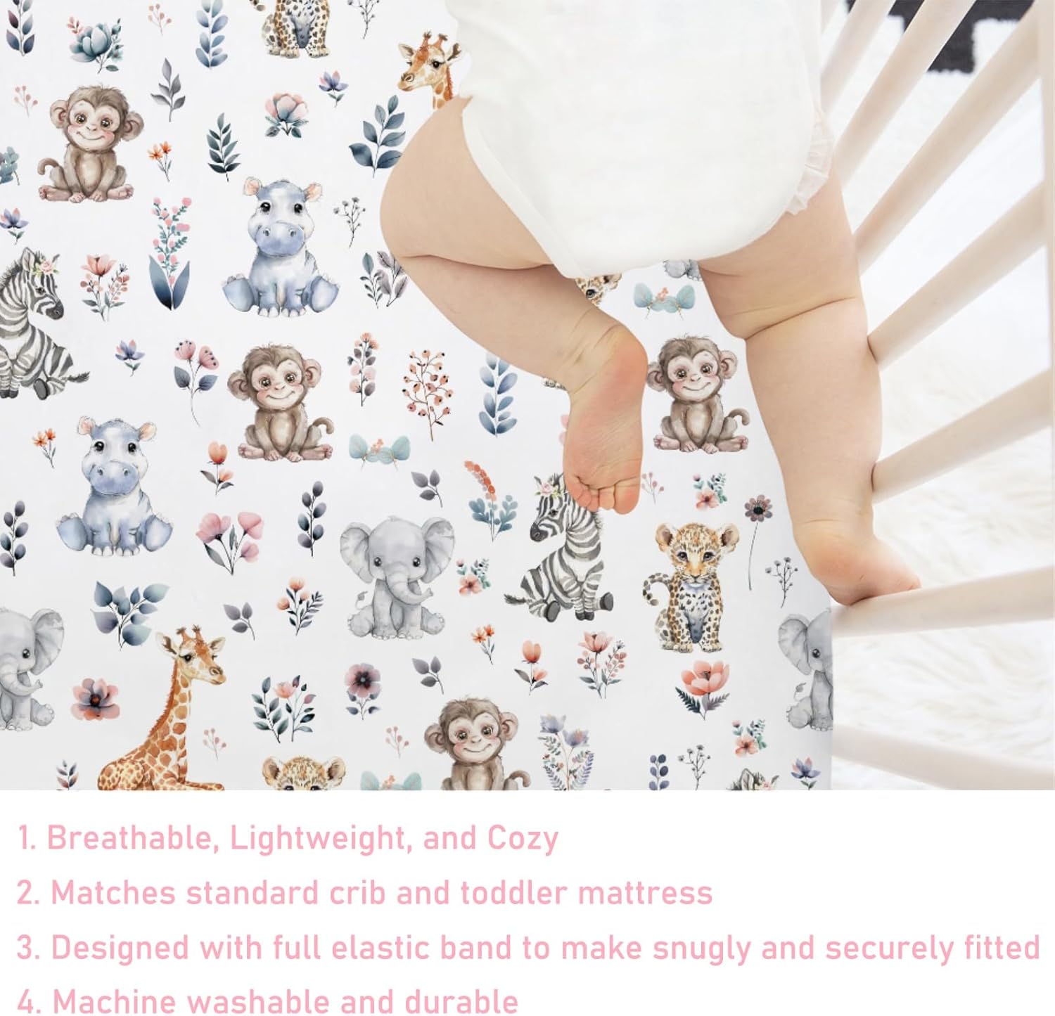 Jungle Safari Animals Boho Floral Baby Crib Sheets 52''x28'' Leopard Elephant Giraffe Zebra Hippo Monkey Stretchy Fitted Crib Mattress Cover for Boy Girl Bed Sheet for Standard Crib Toddler Mattress