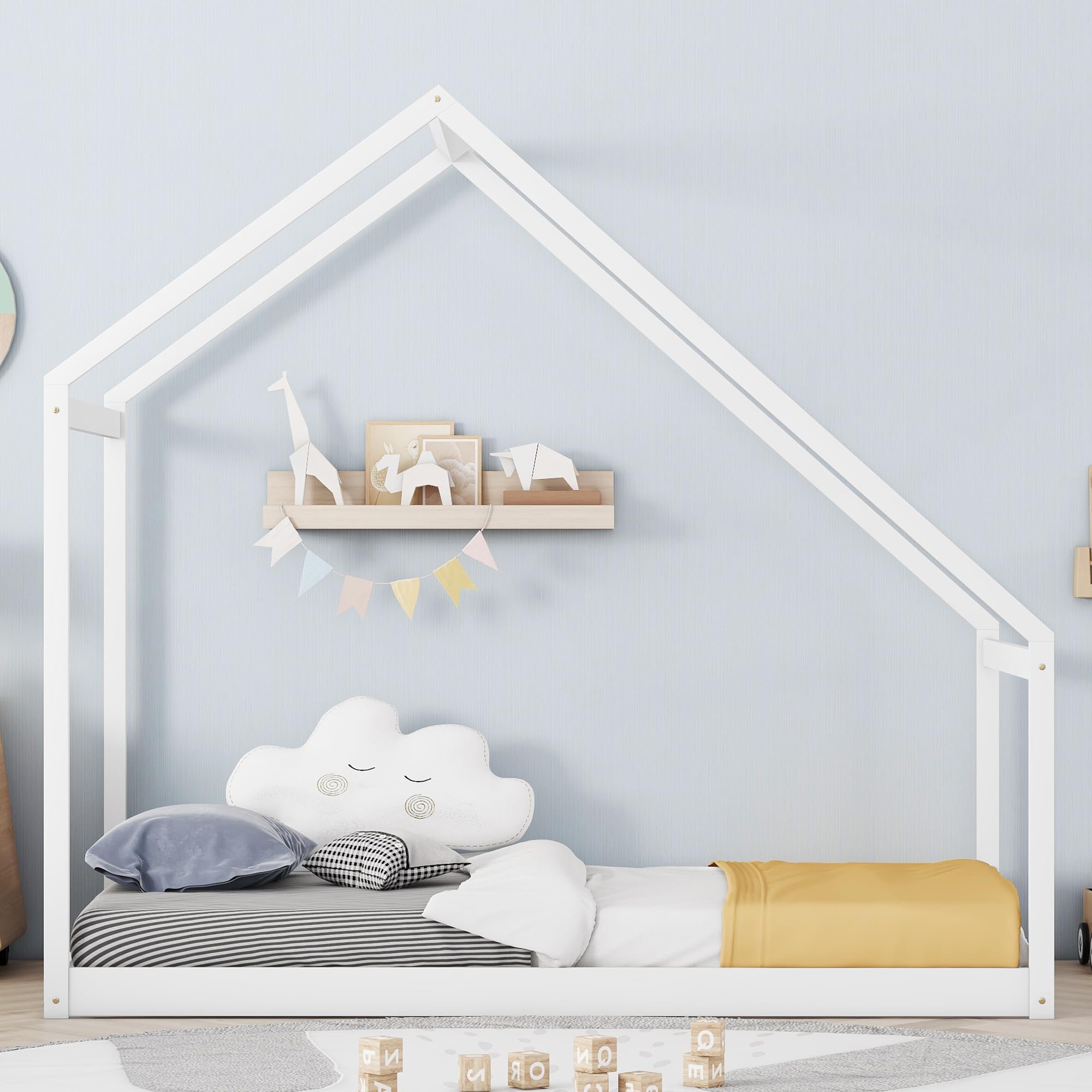 Merax Twin Bed Frames for Kids, Montessori Wooden House Shape with Proof, Sturdy Framework, Easy Assembly, No Noise