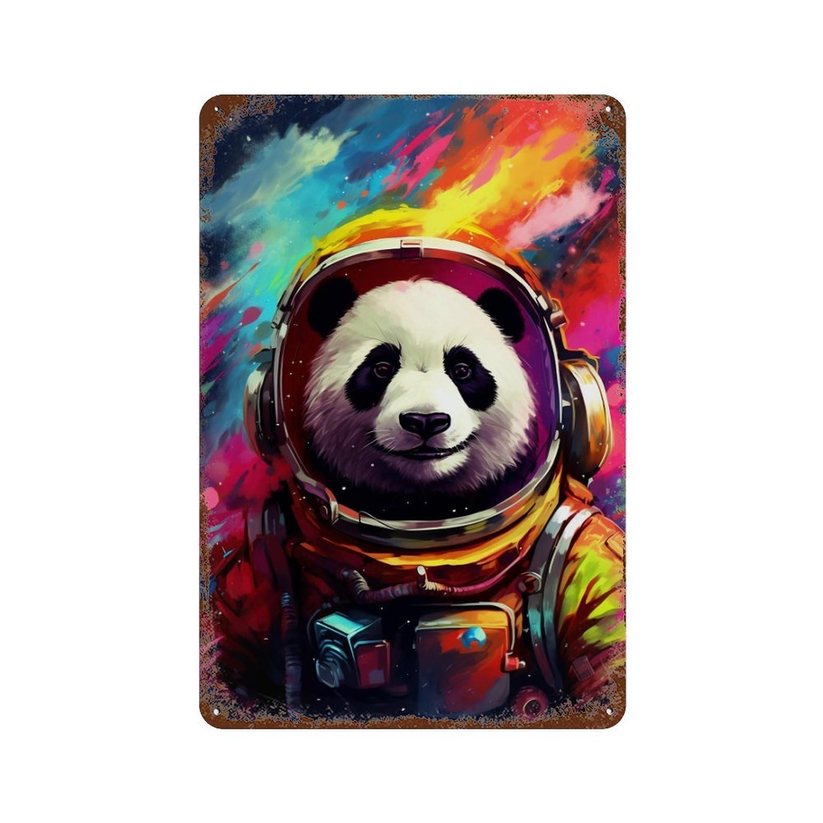 Garage Style Panda Astronaut Space Suit-5 Aged Metal Wall Plaque 11.8"x7.9", Old School Wall Decor for Bar And Workshop