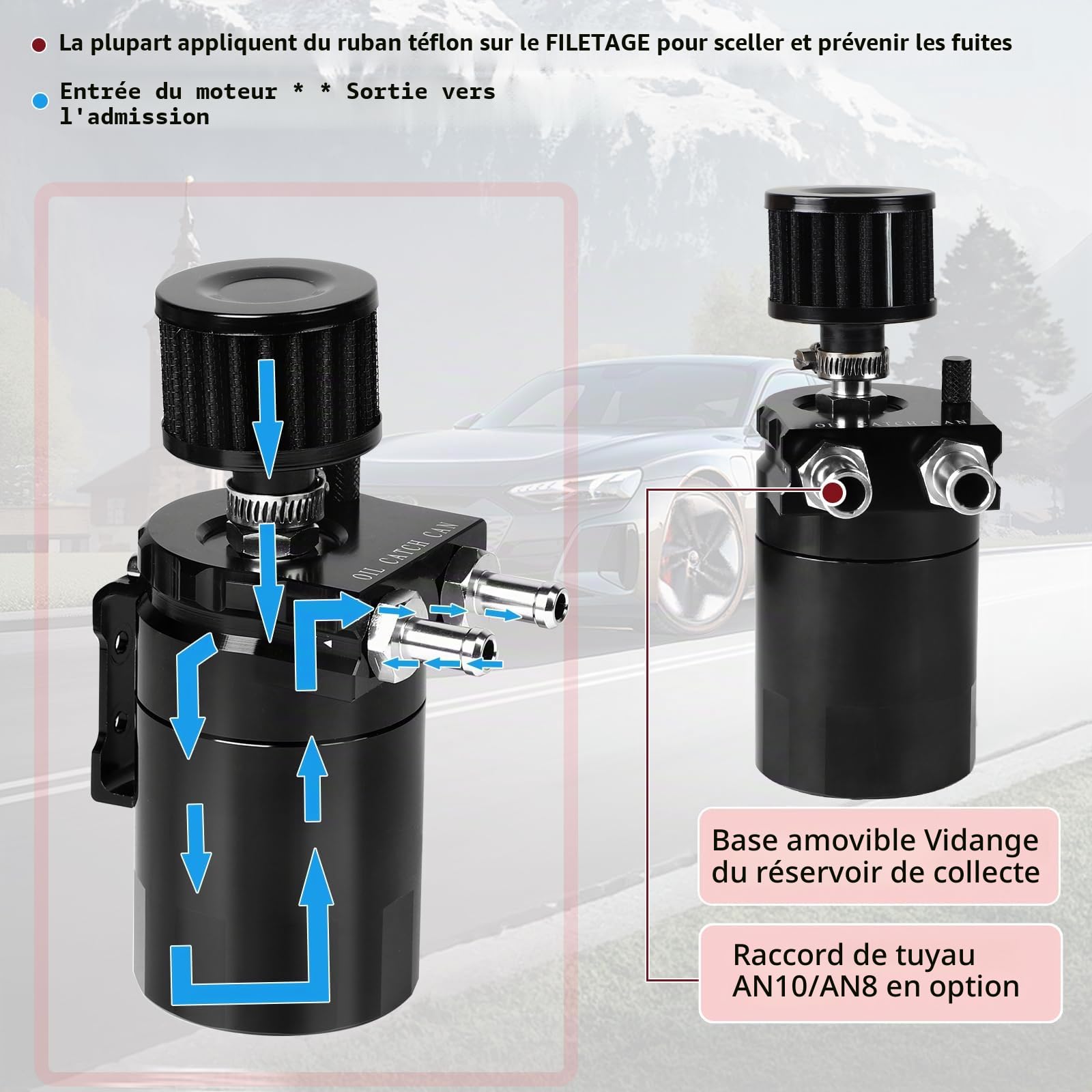 DBREAKS Réservoir de récupération huile avec filtre à air, 300 ml, réservoir universel en aluminium