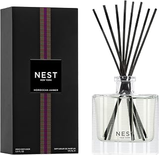 NEST New York Moroccan Amber Reed Diffuser - 5.9oz Up to 90 Days Fragrance, Reusable Glass, 8 Natural Reeds, Vegan Flame-Free