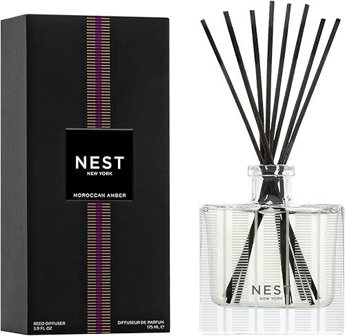 NEST New York Difusor de Varillas, Ámbar Marroquí - 5.9 fl oz (175 ml) - Fragancia hasta por 90 Días - Soporte de Vidrio Reutilizable y Rellenable -