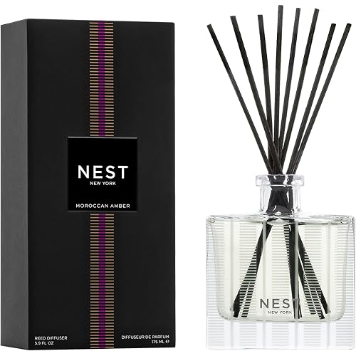 NEST New York Reed Diffuser, Moroccan Amber - 5.9 fl oz - Fragrance for Up to 90 Days - Reusable, Refillable Glass Holder - Includes 8 All-Natural Reed Sticks - Flame Free
