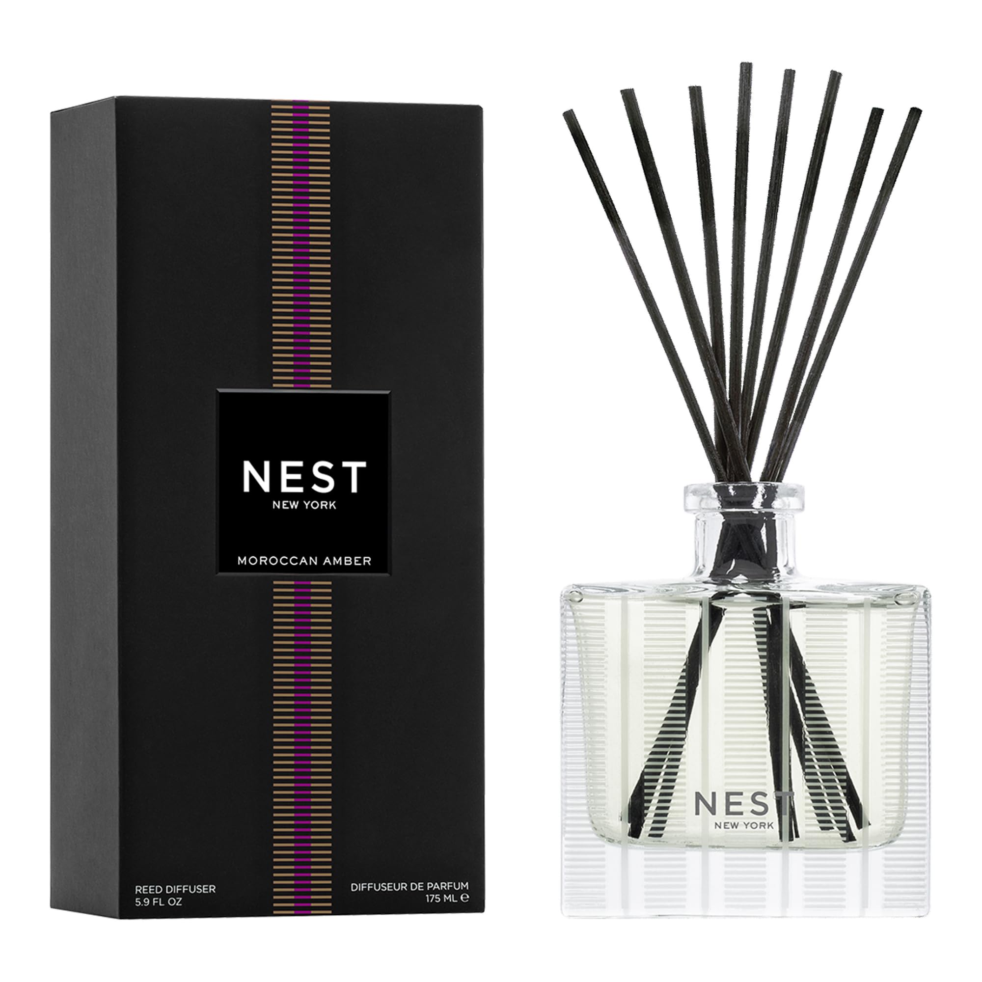NEST New York Reed Diffuser, Moroccan Amber - 5.9 fl oz - Fragrance for Up to 90 Days - Reusable, Refillable Glass Holder - Includes 8 All-Natural Reed Sticks - Flame Free