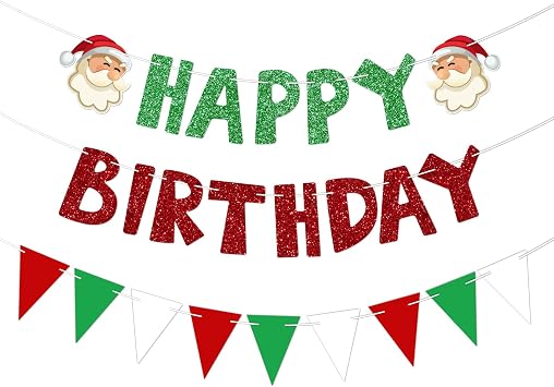 Glitter Christmas Birthday Banner, Red and Green Christmas Happy Birthday Banner and Triangle Bunting Garland for Xmas Bday Party Decorations/Decor, No DIY.