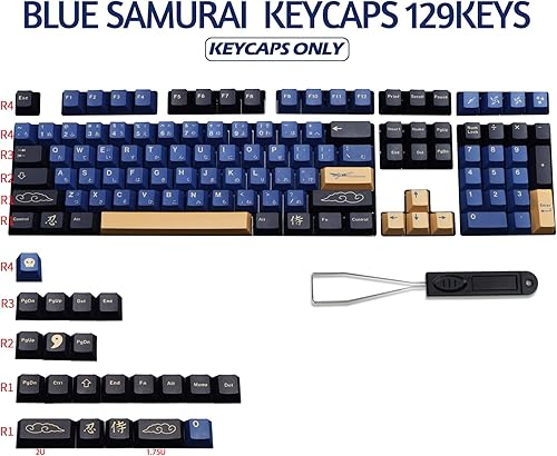Miniatura 2 de MOLGRIA Teclas Samurai azules, juego de 129 teclas PBT para teclado de juegos, teclas personalizadas de sublimación de tinte de perfil de cereza con